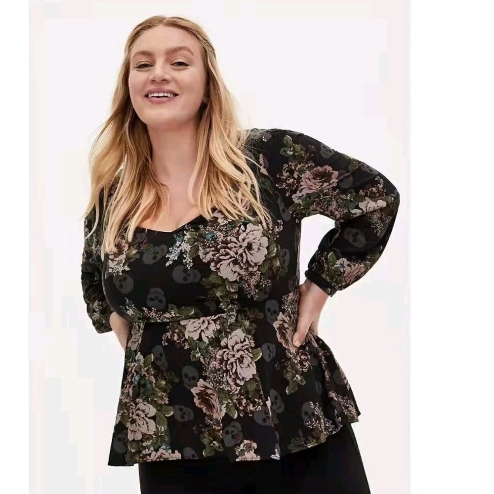 Torrid Black Floral Skull Peplum Top‎ Sweetheart Long Sleeve Georgette Blouse 2X